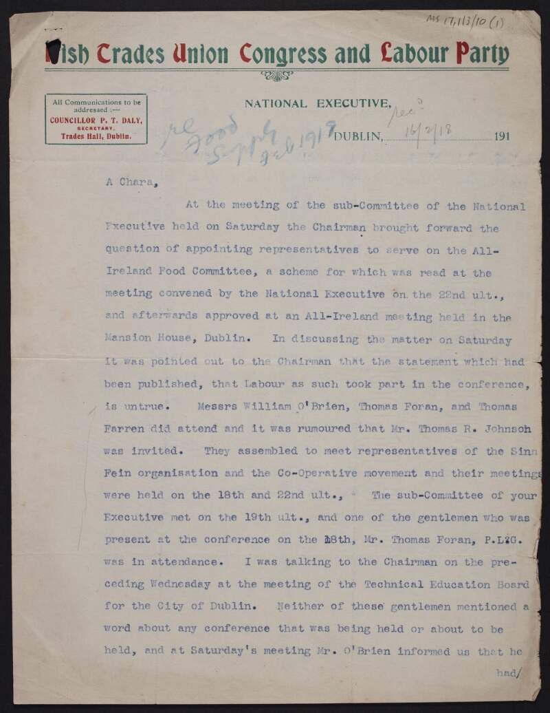 Letter from P. T. Daly, Irish Trades Union Congress, to [Thomas Johnson] regarding the Labour Party's participation in the All-Ireland Food Committee,