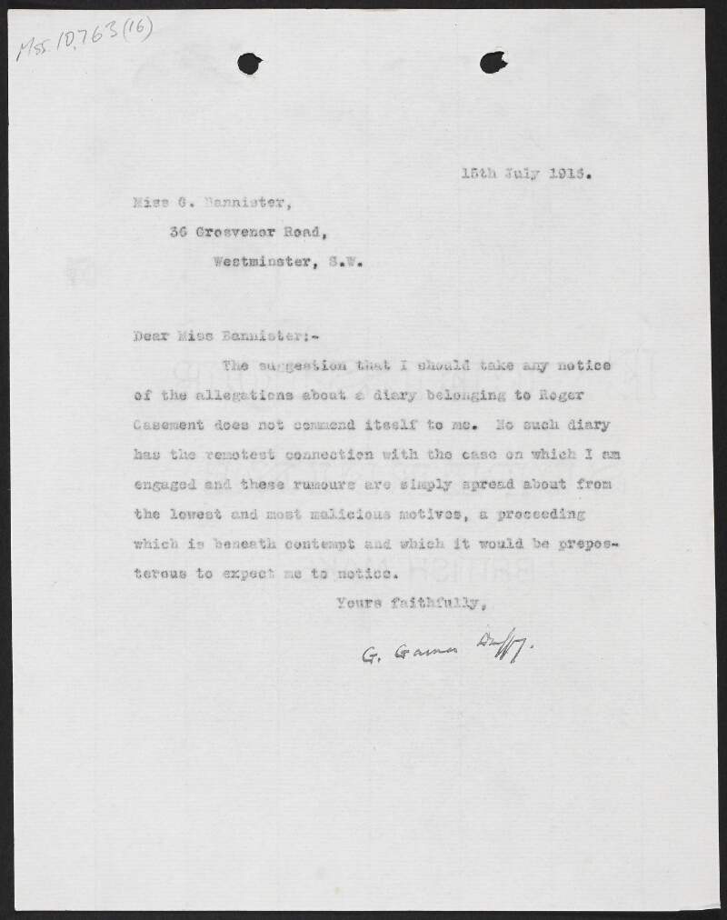 Letter from George Gavan Duffy to Gertrude Bannister, Grosvenor Road, Westminster, concerning allegations about a diary belonging to Roger Casement,
