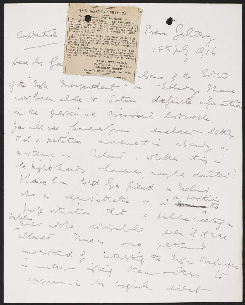 Letter from unidentified person to George Gavan Duffy regarding a petition for Roger Casement,