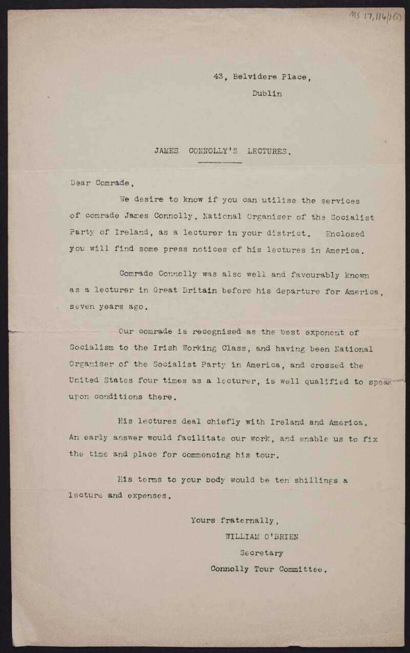 Copy letter from William O'Brien to unidentified person enclosing leaflet listing lectures by James Connolly,