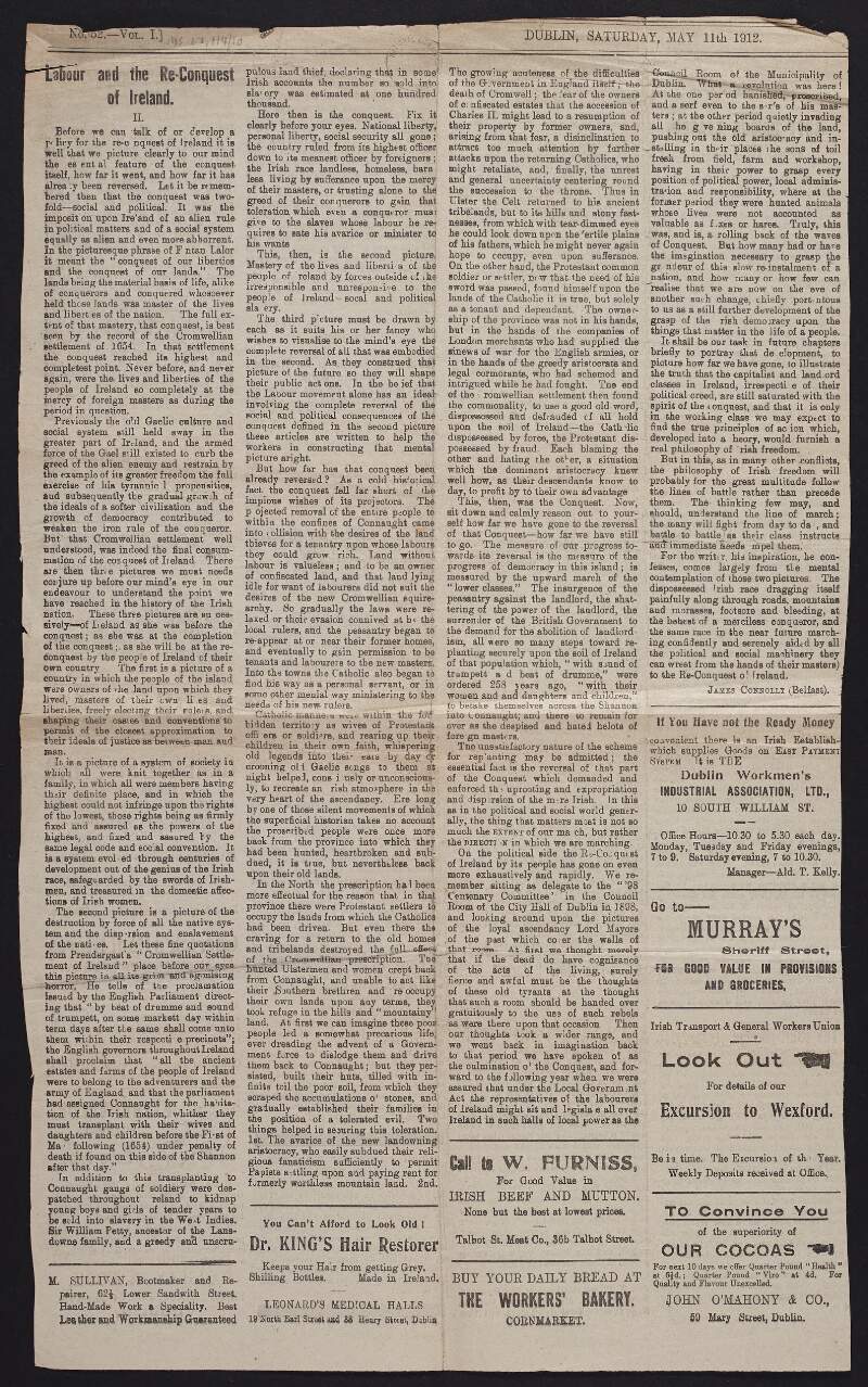 Newspaper cutting from 'Irish Worker' with article by James Connolly titled "Labour and the Re-Conquest of Ireland II.",