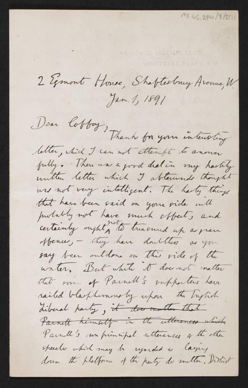 Letter from Godfrey Rathbone Benson to George Coffey regarding Home Rule and Charles Stewart Parnell's leadership of the Irish Parliamentary Party following the divorce crisis,