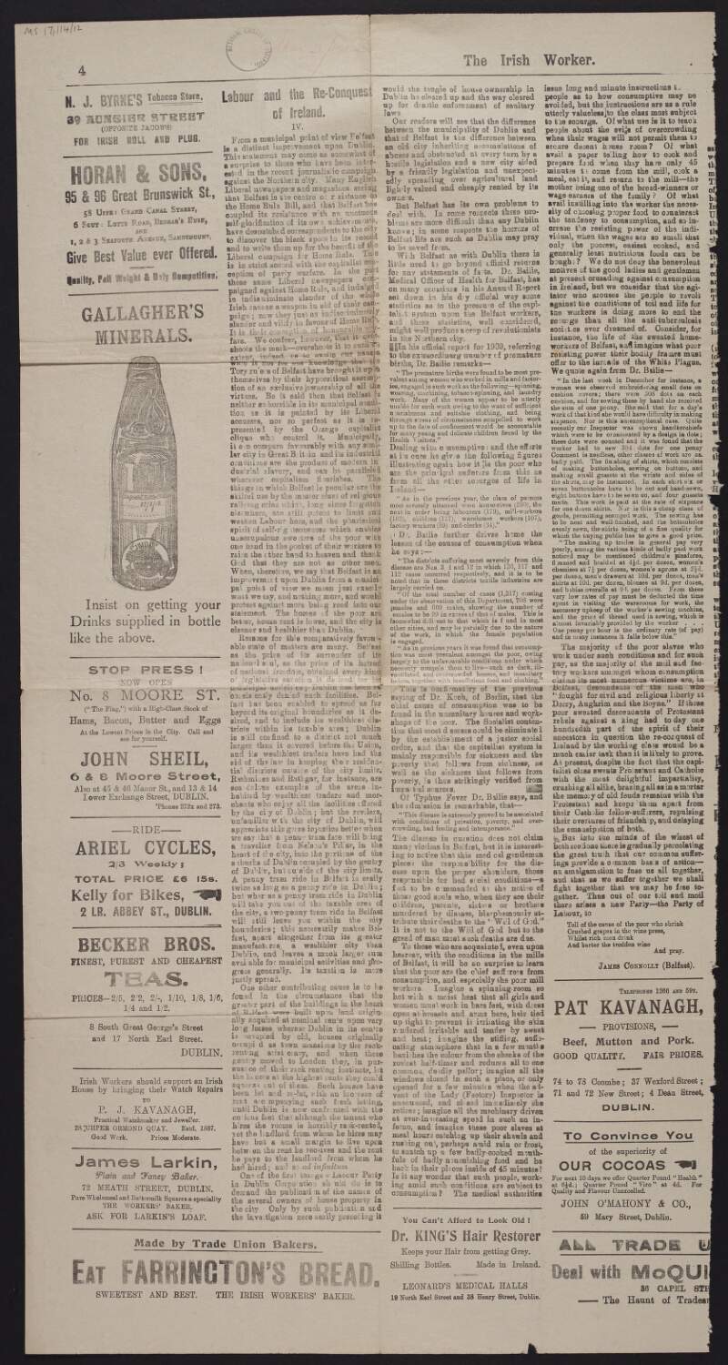 Newspaper cutting from 'Irish Worker' with article by James Connolly titled "Labour and the Re-Conquest of Ireland IV.",