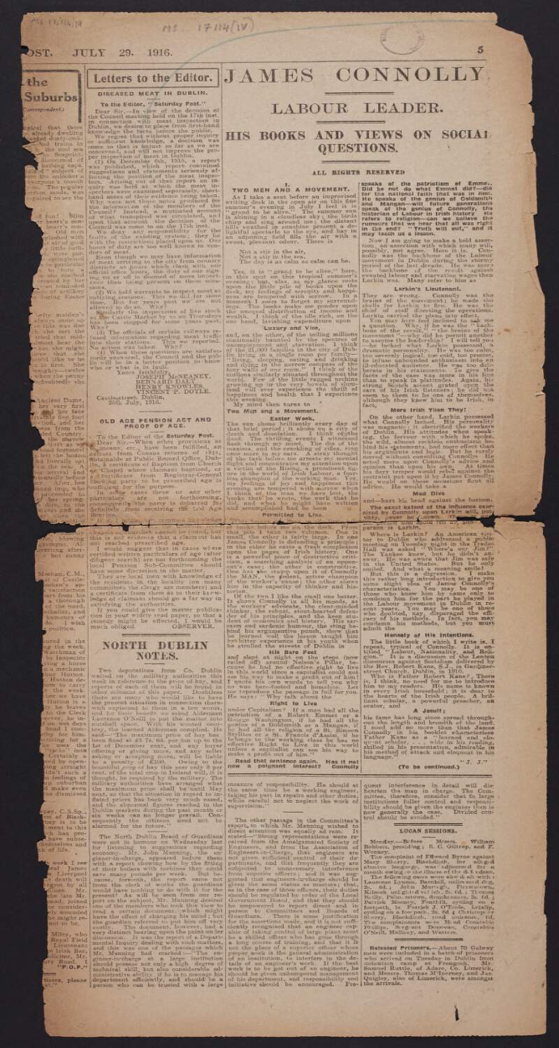 Newspaper cutting from 'Dublin Saturday Post' with article by unidentified author titled "James Connolly Labour Leader. His Books and Views on Social Questions.",