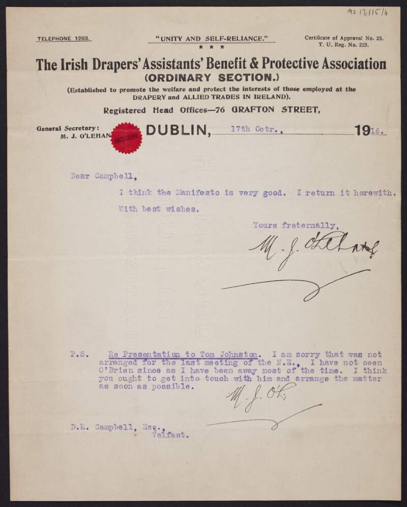 Letter from Michael O'Lehane to David R. Campbell regarding the manifesto issued by the Irish Trade Union Congress and Labour Party on conscription,
