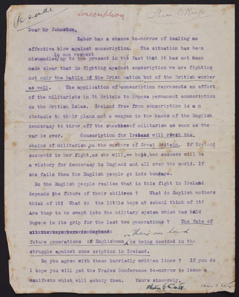 Letter from Shán Ó Cuív to Thomas Johnson regarding the Labour Party's stance on conscription,