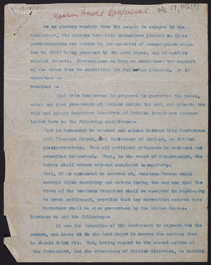 Copy notes regarding the Mansion House Conference and opposition to the introduction of conscription in Ireland,