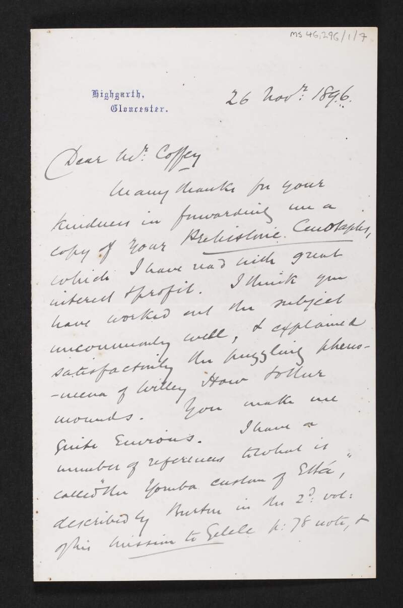 Letter from Edwin Sidney Harland to George Coffey thanking him for forwarding a copy of his work "Prehistoric Cenotaphs" and reviewing the work,
