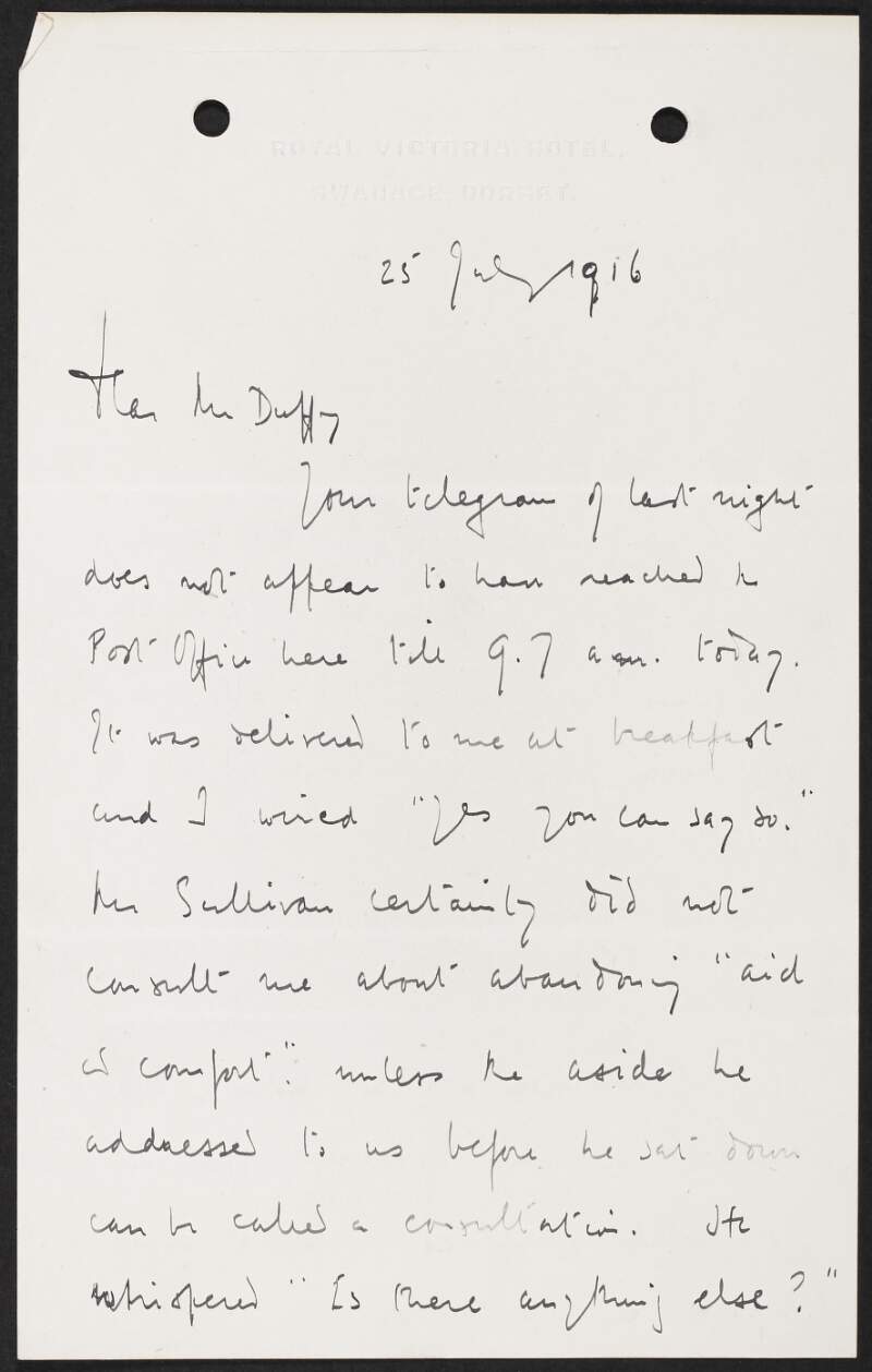 Letter from John Hartman Morgan to George Gavan Duffy regarding telegrams,