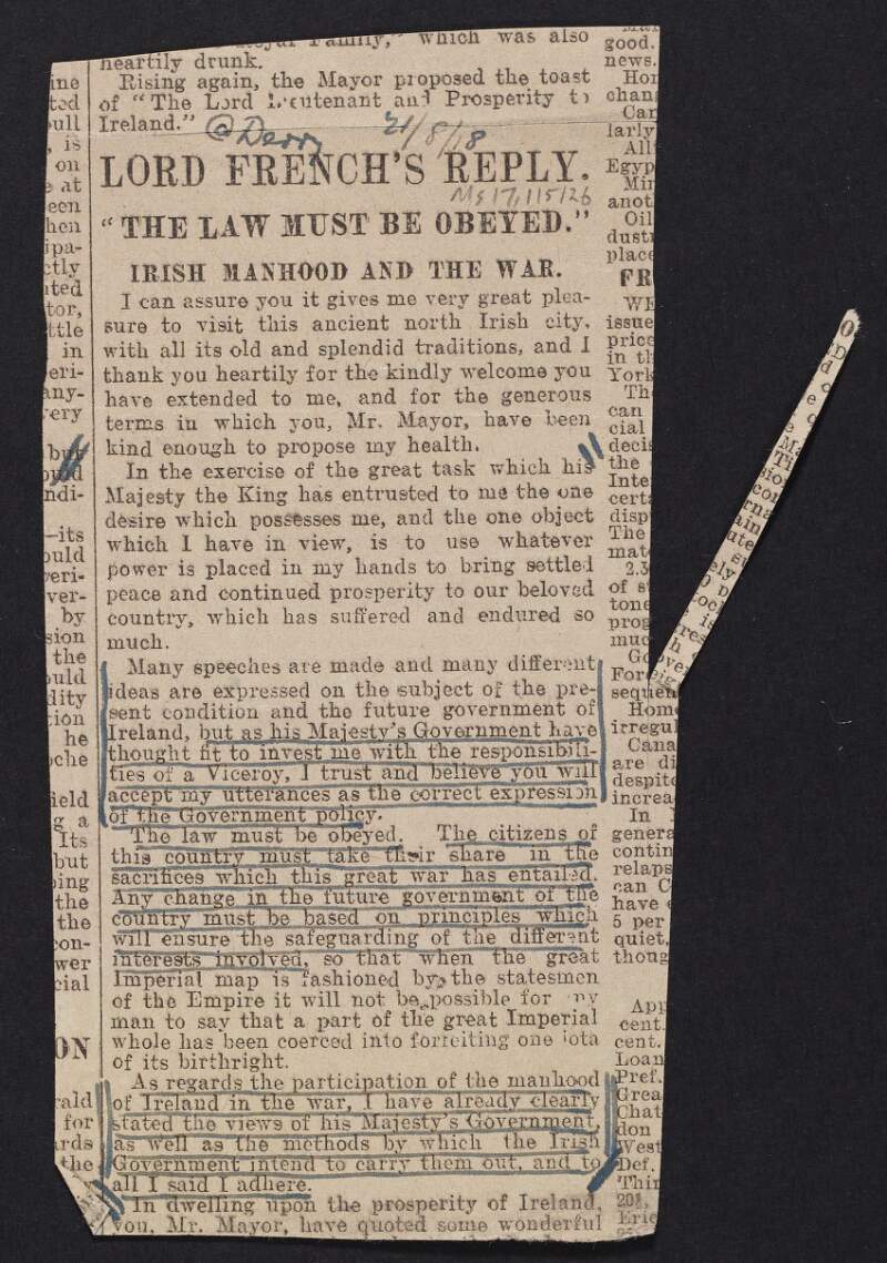 Article from unidentified newspaper titled "Lord French's Reply. "The Law Must be Obeyed". Irish Manhood and the War.",