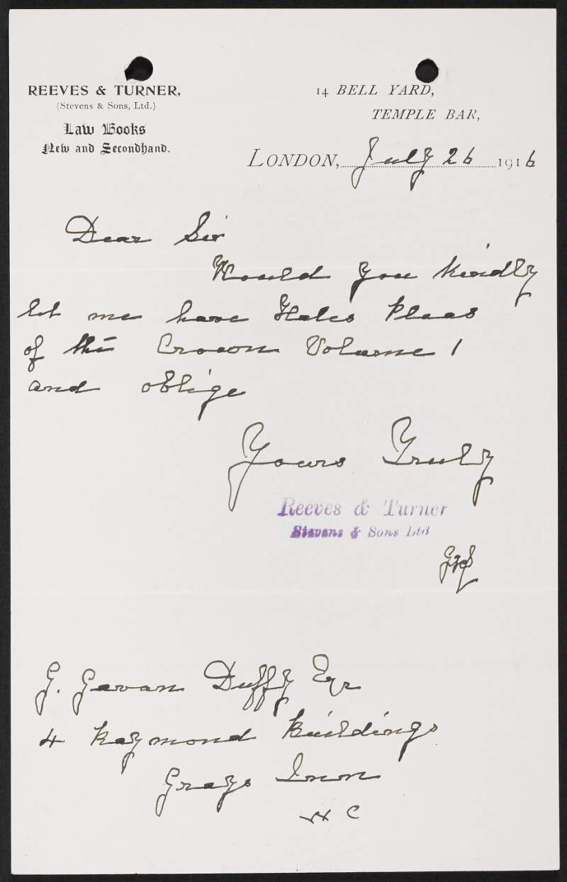 Letter from Reeves & Turner, (Stevens & Sons, Ltd.) to George Gavan Duffy regarding a law book,