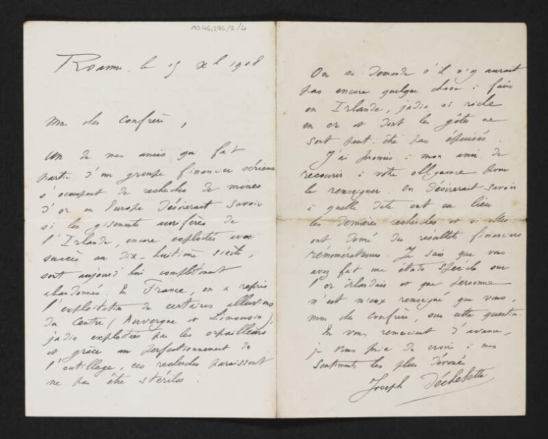 Letter from Joseph Déchelette to George Coffey regarding [archaeology],
