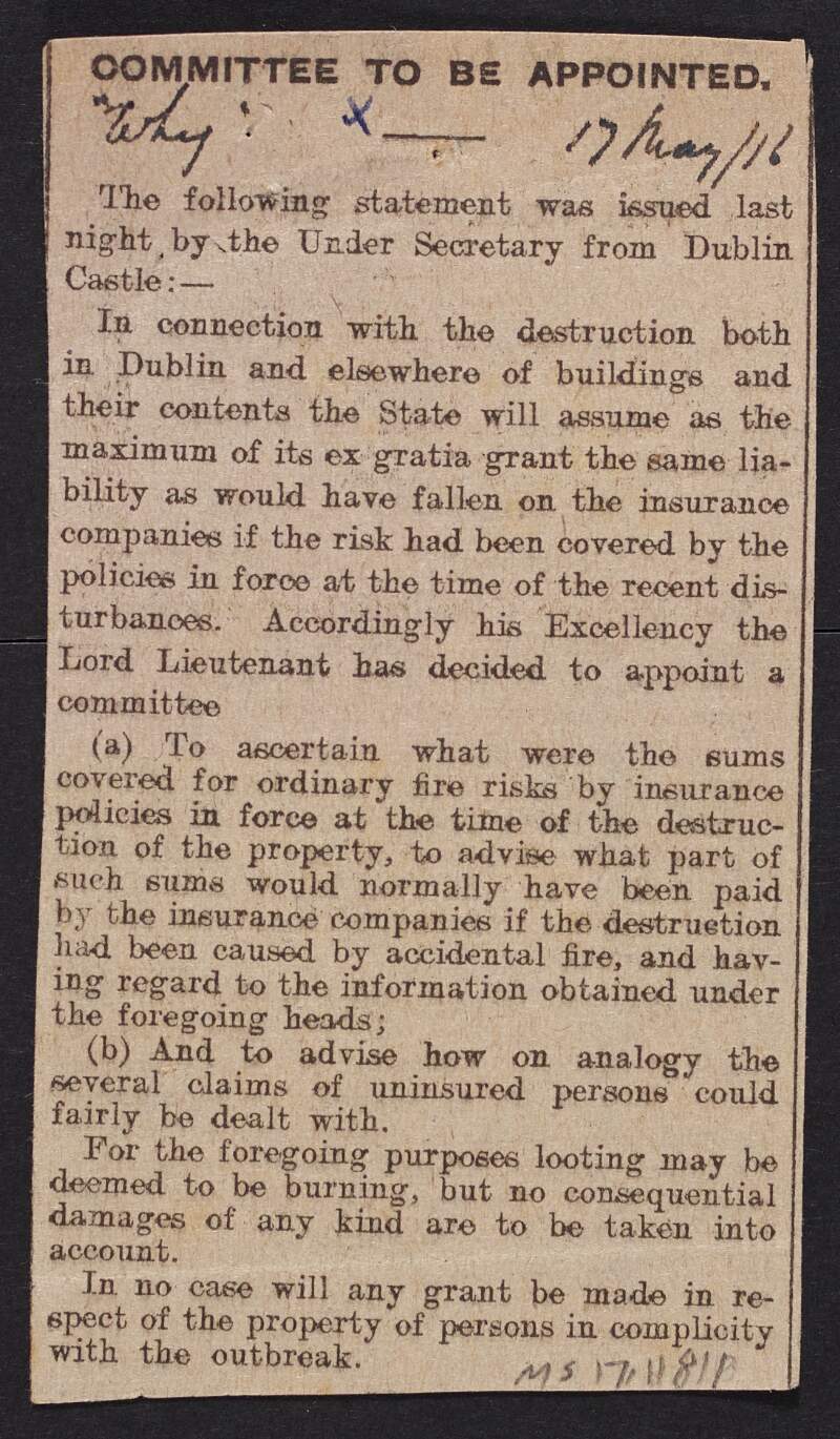 Article from unidentified newspaper regarding the appointment of a committee to address the destruction of property,