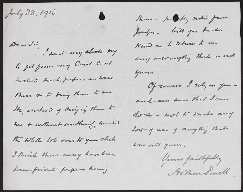 Letter from Arthur Powell to [George Gavan Duffy] regarding the return of private papers,