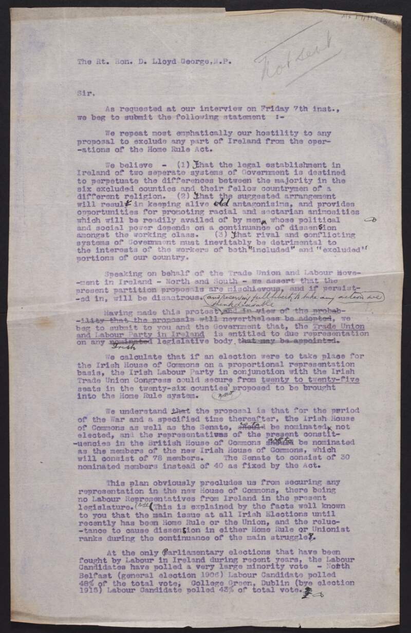 Draft letter from David R. Campbell, Acting Secretary, Irish Trades Union Congress and Labour Party, to David Lloyd George regarding Labour representation in an Irish Home Rule Parliament and opposition to partition,