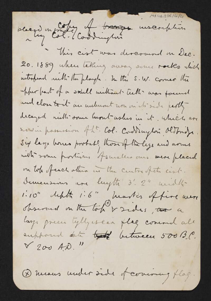 Page of notes on a skull found in 1889, which is in the possession of Colonel Caddington, Oldbridge,
