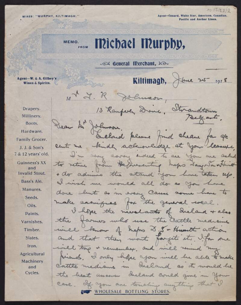 Letter from Michael Murphy, General Merchant, to Thomas Johnson thanking him for taking his stand,