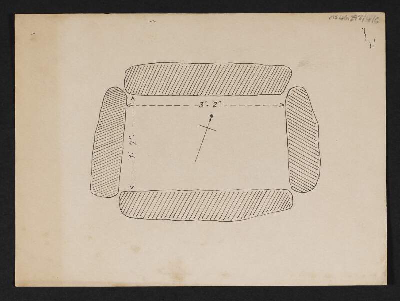 Sketch of four standing stones, with dimensions and compass bearing,