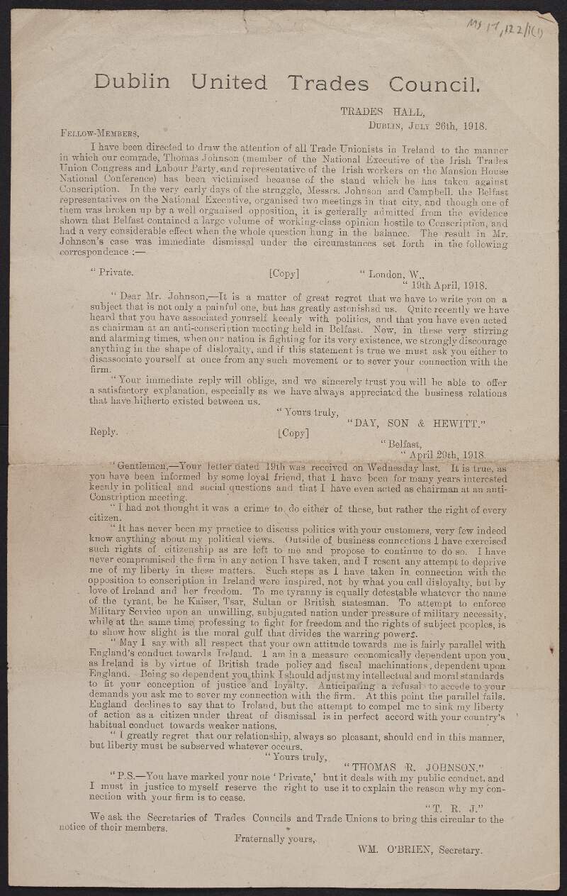 Copy circular letter from William O'Brien, Dublin United Trades Council, regarding the treatment of Thomas Johnson because of his stand against conscription,