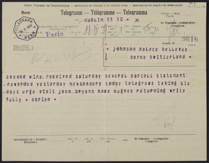 Telegram from William O'Brien to Thomas Johnson regarding sending parcels,