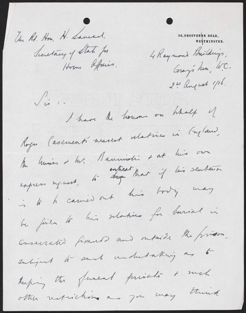 Letter from the Secretary of State, Home Affairs, to George Gavan Duffy regarding the burial of Roger Casement,