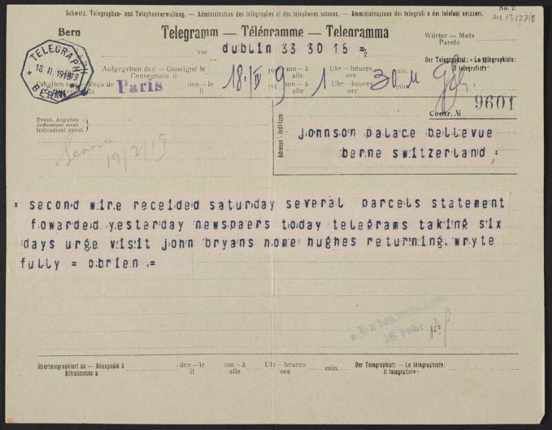 Telegram from William O'Brien to Thomas Johnson regarding sending parcels,