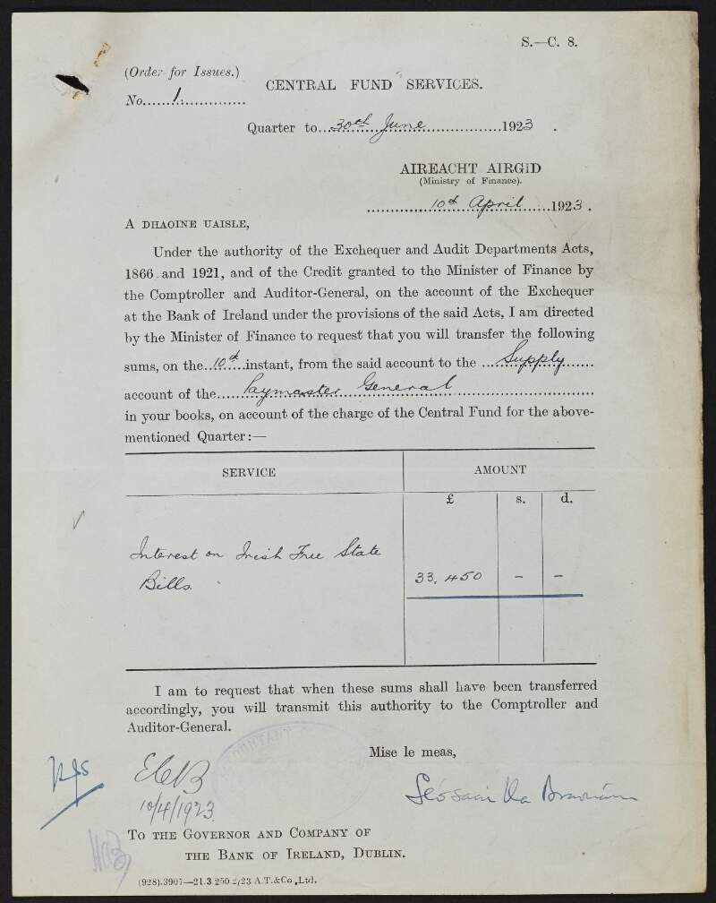 Central Fund Services Order for Issues 1-21: Quarter to 30 June 1923,