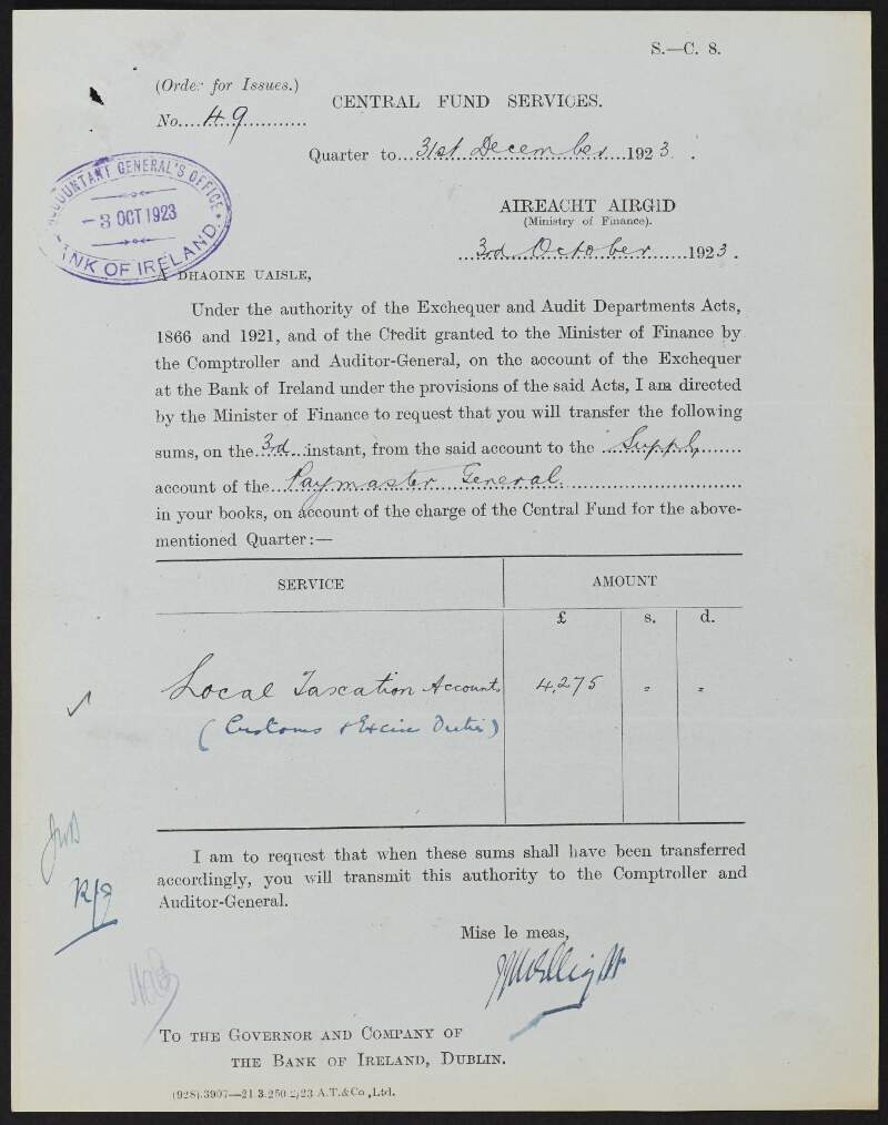 Central Fund Services Order for Issues, 49-87: Quarter to 31 December 1923,