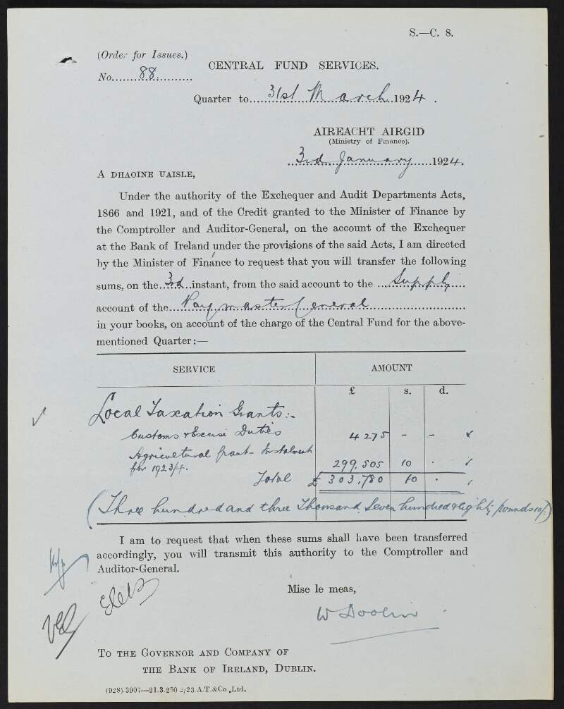 Central Fund Services Order for Issues, 88-113: Quarter to 31 March 1924,