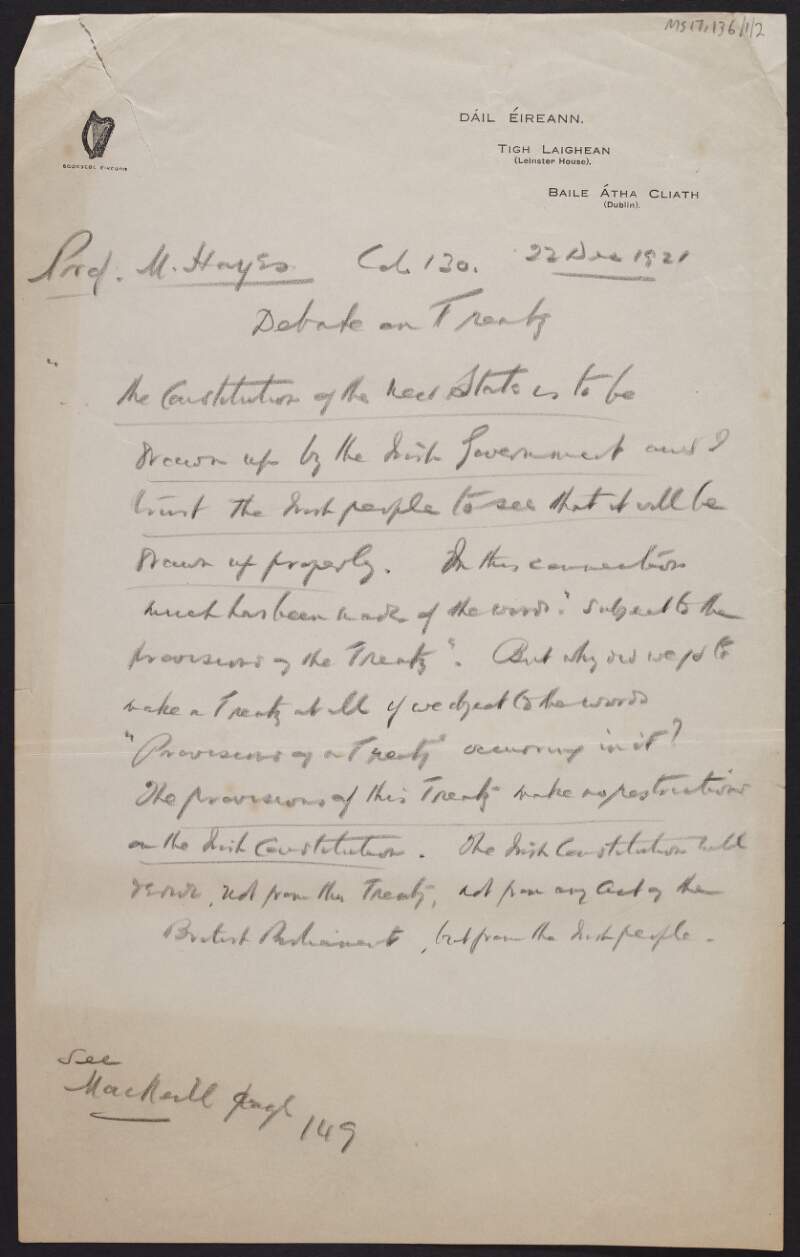 Manuscript notes on Dáil Éireann letter headed paper regarding a debate on the Treaty,
