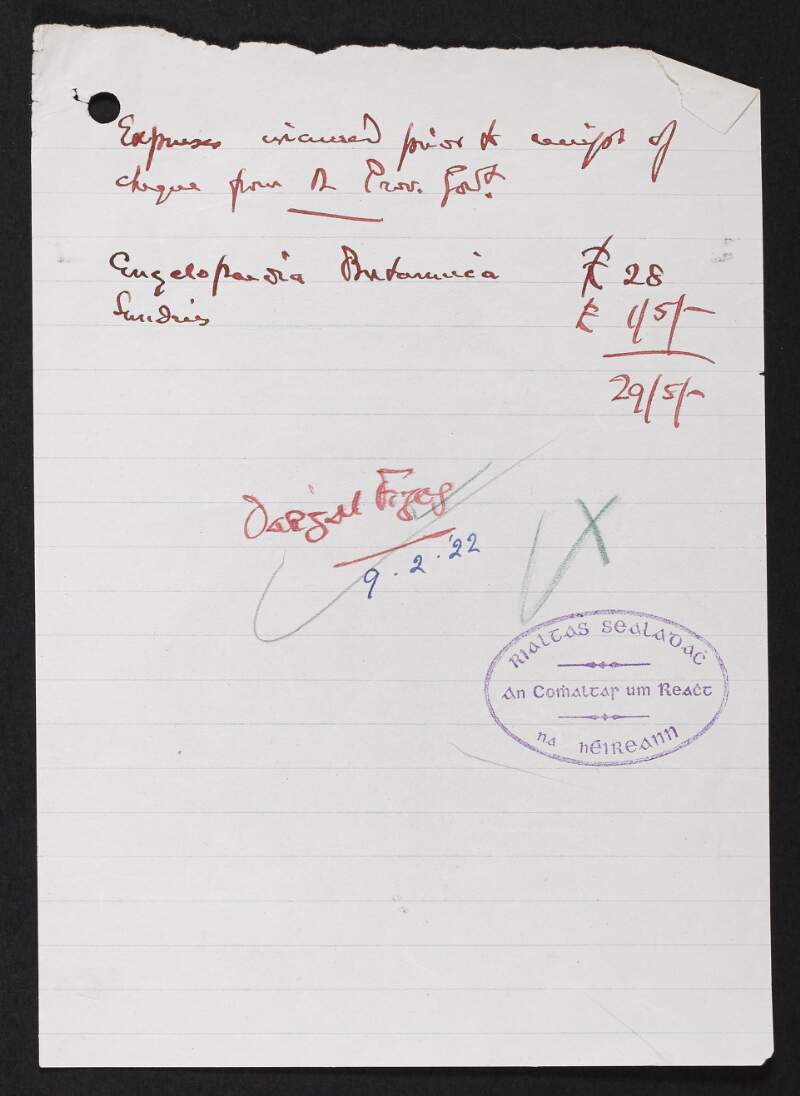 Receipt from Darrell Figgis for expenses to be covered by the Provisional Government of Ireland,