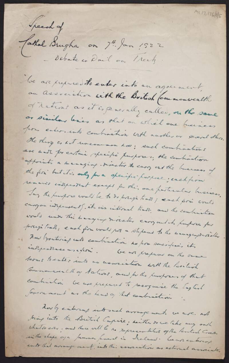 Manuscript notes on speech by Cathal Brugha regarding the debate on the Treaty,
