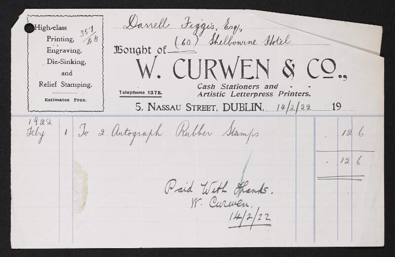Receipt from W. Curwen & Co., made out to Darrell Figgis for "Autograph rubber stamps",