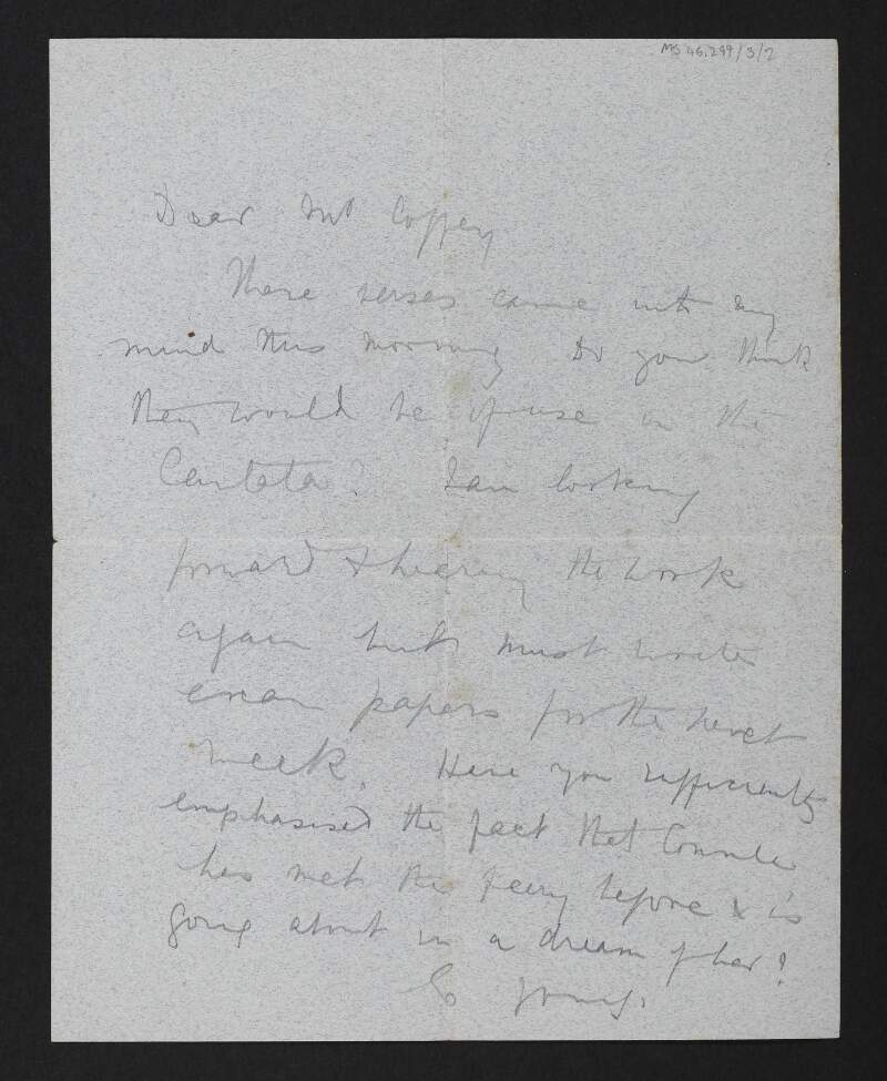 Letter from Ella Young to George Coffey regarding the composition of an operetta,