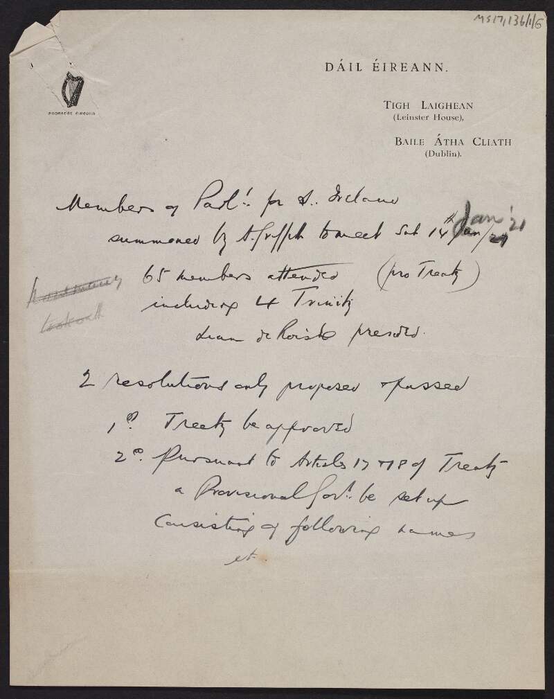 Manuscript notes regarding resolutions passed by Dáil Éireann regarding the Treaty,