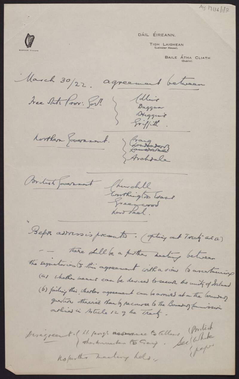 Manuscript notes on Dáil Éireann meeting regarding an agreement between the Irish Free State Provisional Government, the Northern Government and the British Government,