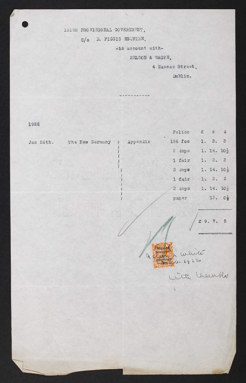 Receipt from the Irish Provisional Government for Nelson & White, 4 Nassau Street, Dublin, for purchase of "The New Germany",