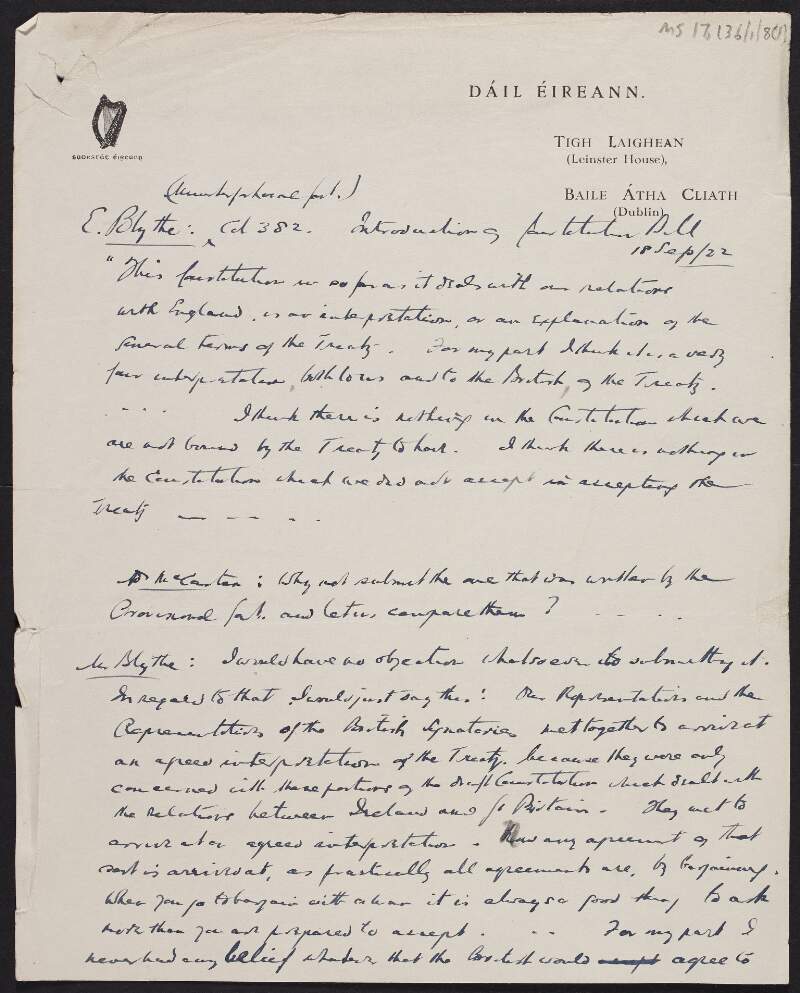 Manuscript notes on speeches by Ernest Blythe and Kevin O'Higgins at Dáil Éireann meeting regarding the Constitution,