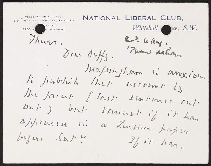 Letter from unidentified person to George Gavan Duffy referencing a meeting with [Gertrude] Bannister,