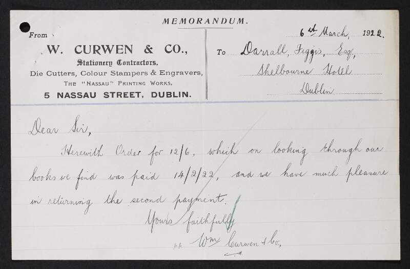 Receipt from W. Curwen & Co., to Darrell Figgis for payment of stamps, and returning an erroneous second payment,