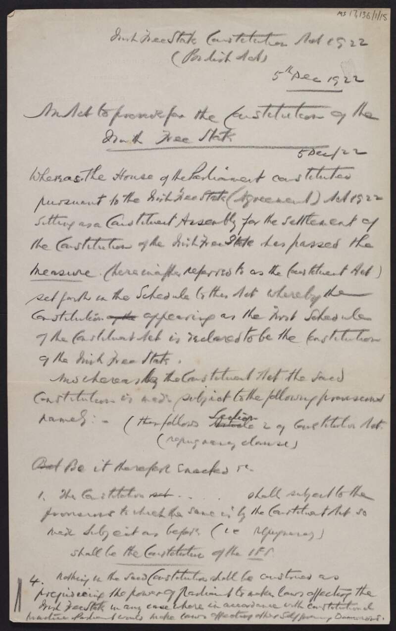 Manuscript notes regarding the Constitution of the Irish Free State,
