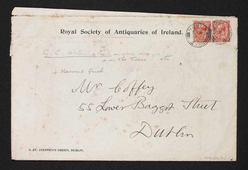 Letter from E.C.R. Armstrong, Royal Society of Antiquaries of Ireland, to Jane Coffey enclosing a pamphlet of the RSAI containing an obituary for George Coffey,