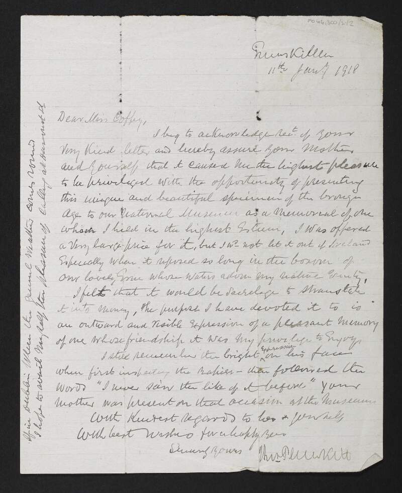 Letter from Horace Curzon Plunkett to Jane Coffey regarding a gift to the National Museum in memory of George Coffey,