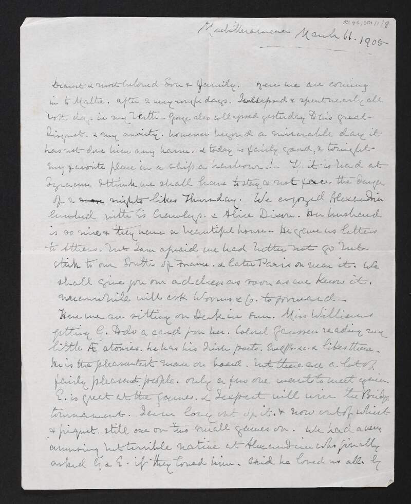Letter from Jane Coffey to Diarmid Coffey describing her trip to Malta,