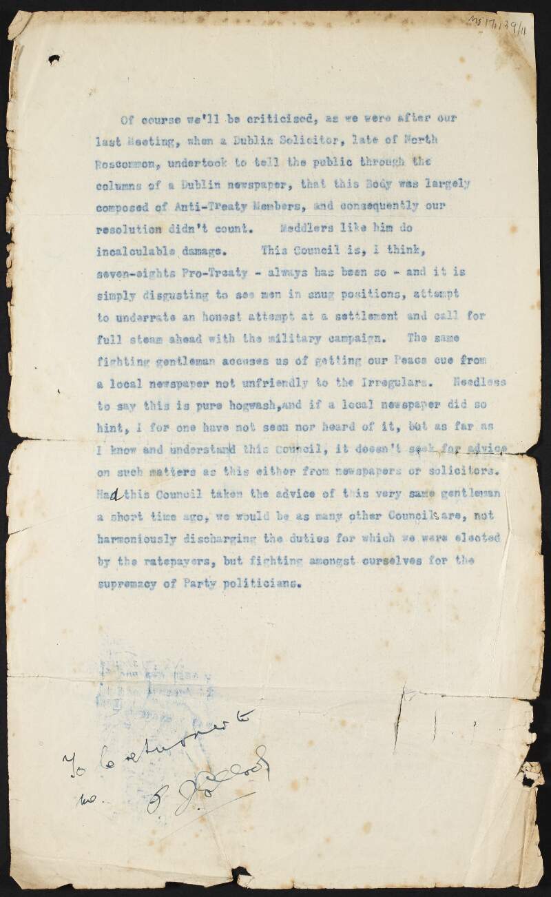 Note by Thomas Johnson regarding a Dublin Solicitor who stated in the newspapers that the Labour Party consisted of Anti-Treaty members,