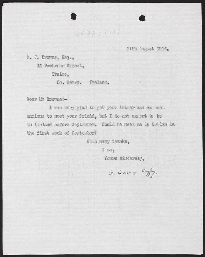 Letter from George Gavan to D.J. Browne, Pembroke Street, Tralee, County Kerry, concerning a meeting in Dublin in September,