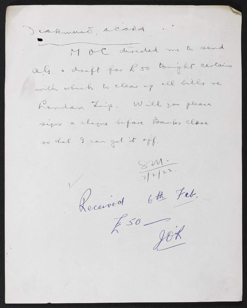 Typescript letter from an unidentified author, Department of Finance, to Diarmuid O'Hegarty, Secretary, Provisional Government of Ireland, requesting that a cheque be signed,