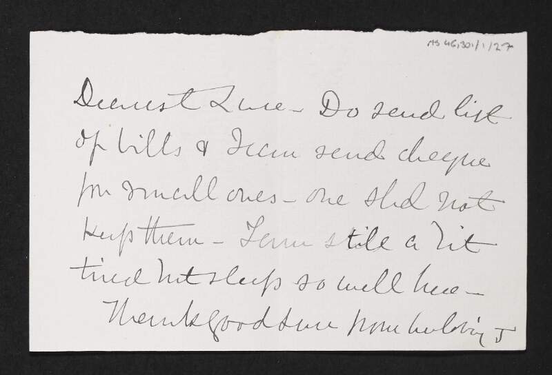 Letter from Jane Coffey to Diarmid Coffey asking him to forward bills to her,