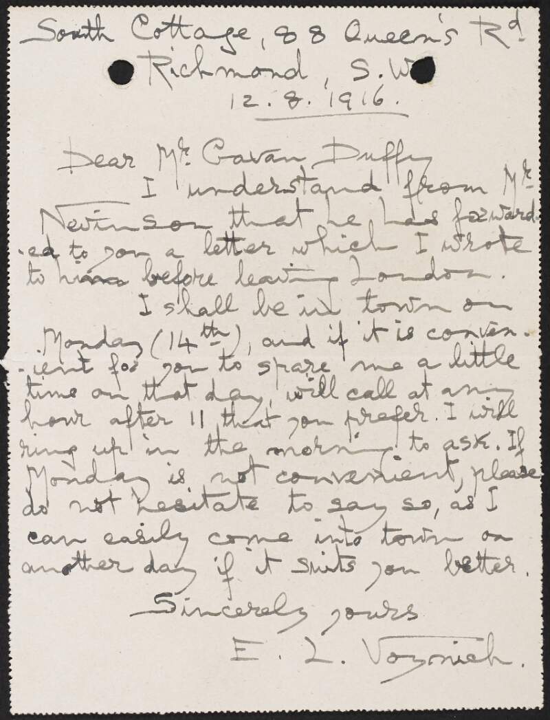 Letter from Ethel Lillian Voynich to George Gavan Duffy enquiring about organising a meeting,