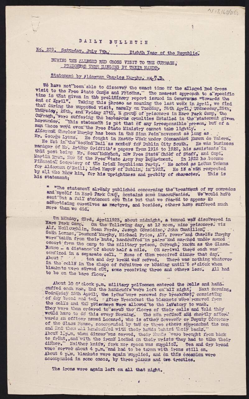 Copy daily bulletin by the Irish Republic Army with statement by Charles Murphy, ex T.D. regarding an alleged visit by the Red Cross to Free State camps and prisons and the deaths of prisoners,
